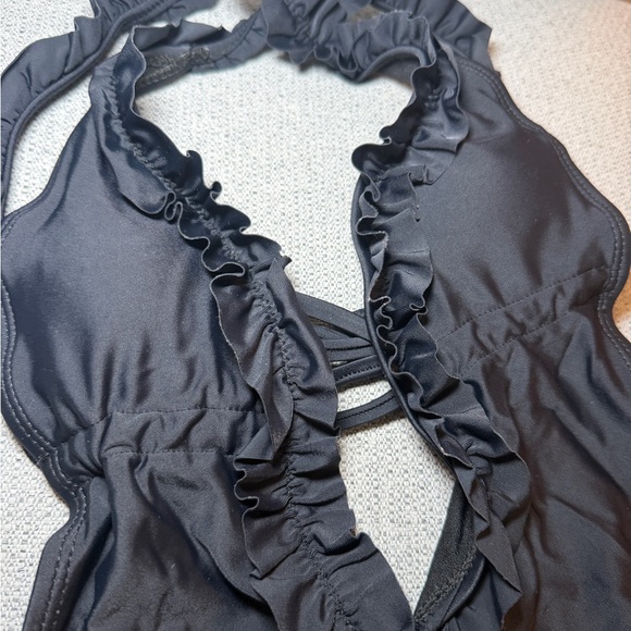 Black Ruffled Halter One-Piece Swimsuit - Picture 2 of 7